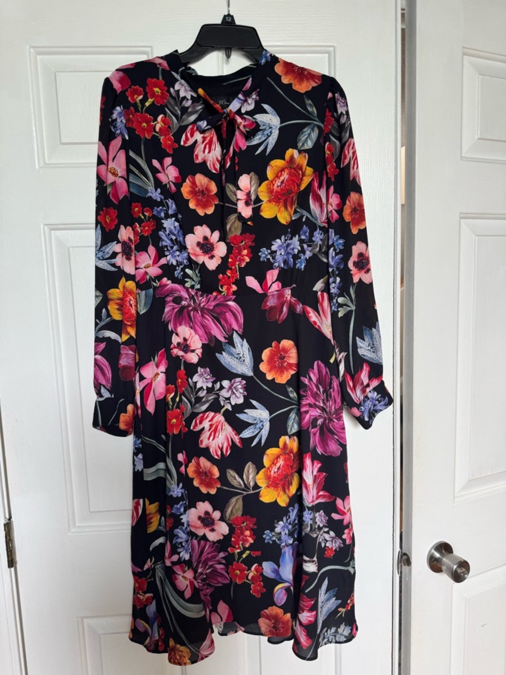 J.Crew Floral Tie-Neck Long Sleeve Dress - Black with Vibrant Floral Print - Picture 6 of 6